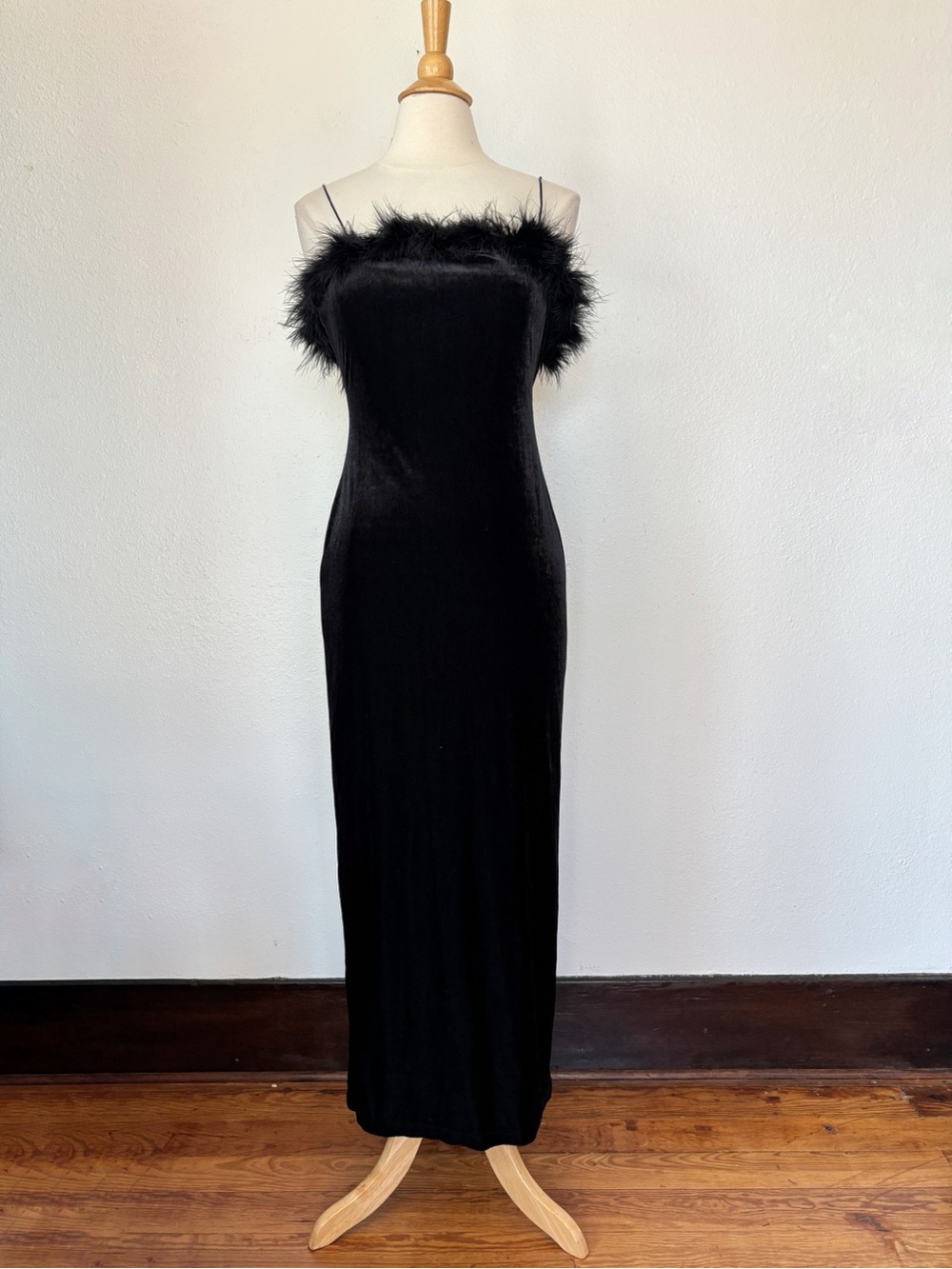 Vintage 1990s All That Jazz Black Velvet Feather Trim Slip Maxi Dress
